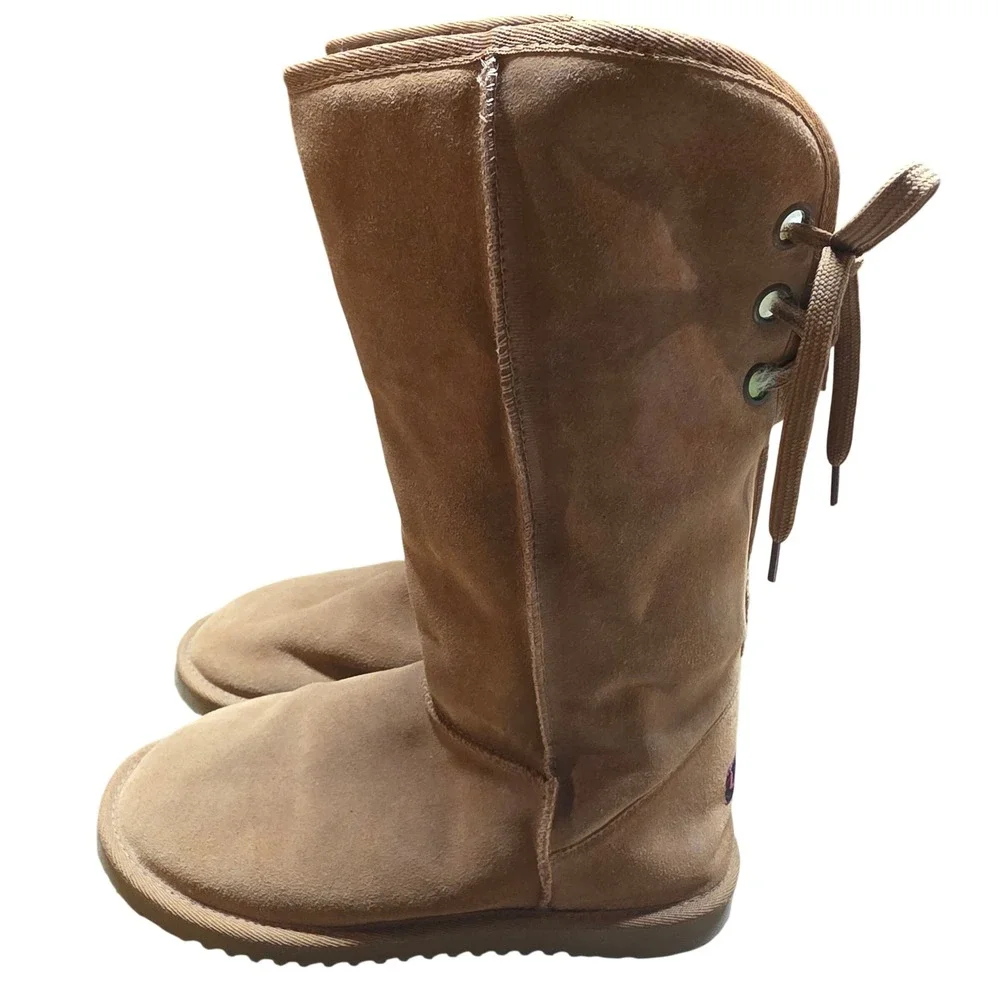 Ukala Sydney Women 8 Tall Suede Sheepskin Boot Tan Lace Up Back Merino Wool
